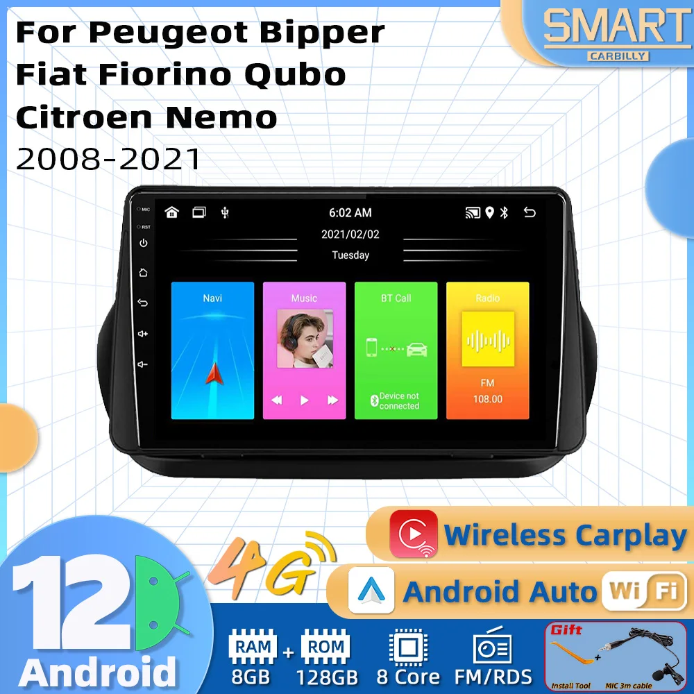 

Multimedia for Peugeot Bipper Fiat Fiorino Qubo for Citroen Nemo 2008-2021 Carplay GPS Navigation 2 Din Android Car Radio Stereo