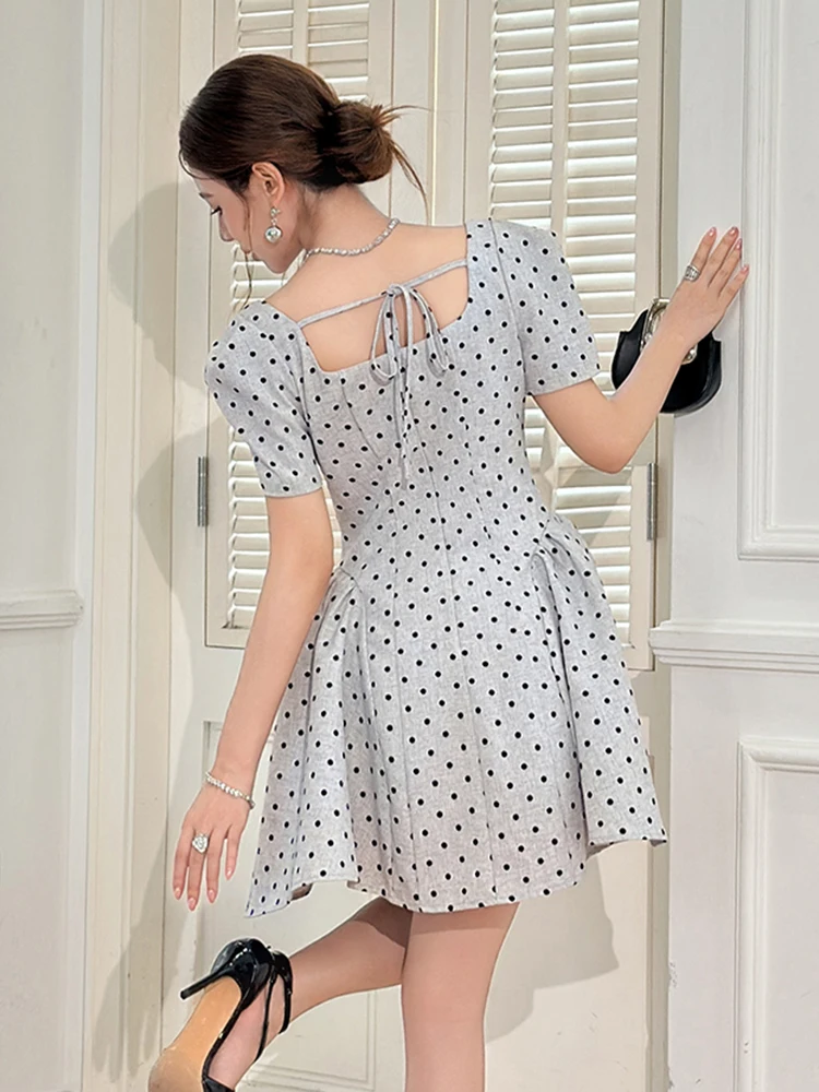 Mulheres roupas de rua retro dot print quadrado pescoço fino a linha mini vestido curto elegante senhora festa baile aniversário vestidos moda