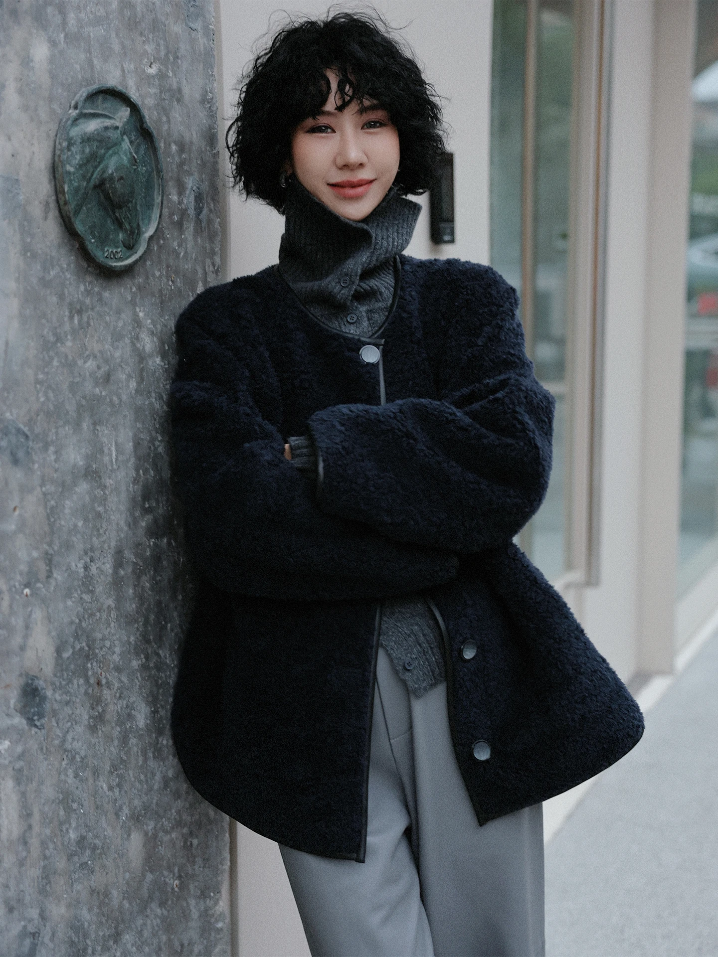 

Женская куртка из овечьей шерсти TT с круглым вырезом, утепленная, теплая, синяя, верхняя одежда для осени и зимы, для повседневной носки, с длинными рукавами