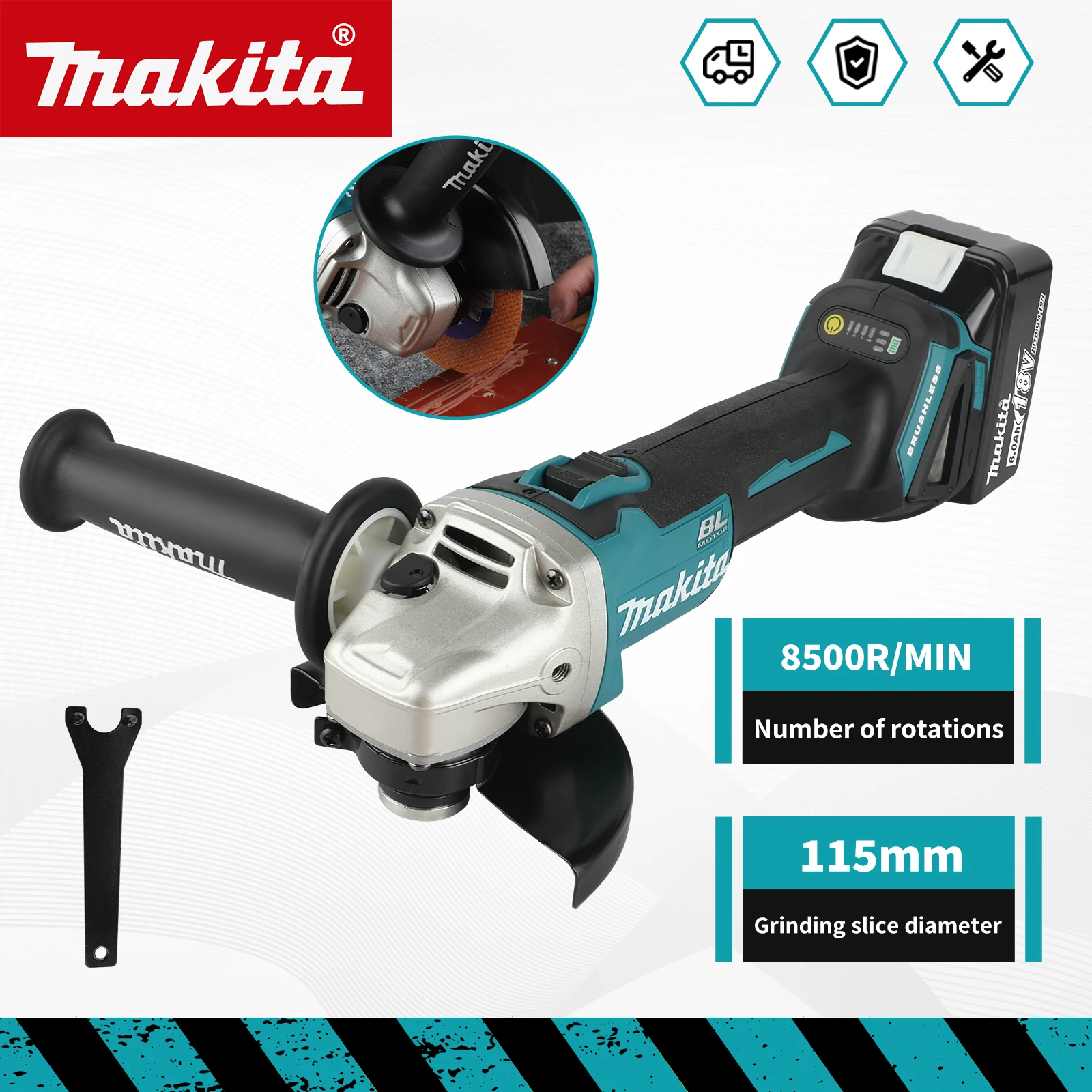 Makita DGA454 18V Cordless Angle Grinder 115mm Brushless Auto Speed Control Professional Power Tool