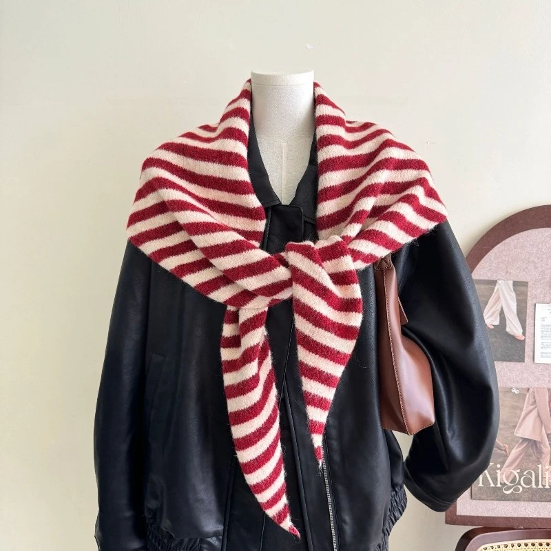 New Women Fashion Triangle Shawl Wool Blend Knitted Striped Scarf Autumn Winter Outer Waistcoat Warm Neck Wraps Big Size