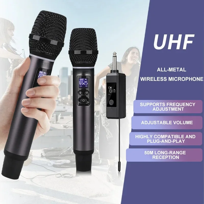 

Универсальный беспроводной микрофон UHF с металлическим корпусом, перезаряжаемый приемник, дальность действия 50 м, регулировка частоты и громкости, для караоке, домашнего KTV
