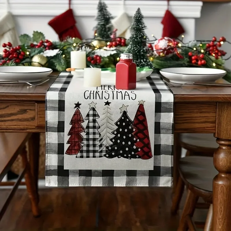 Buffalo Plaid Christmas Table Runner Dining Table Runner for Coffee Watercolor Merry Xmas Holiday Decor for Kitchen, Dining