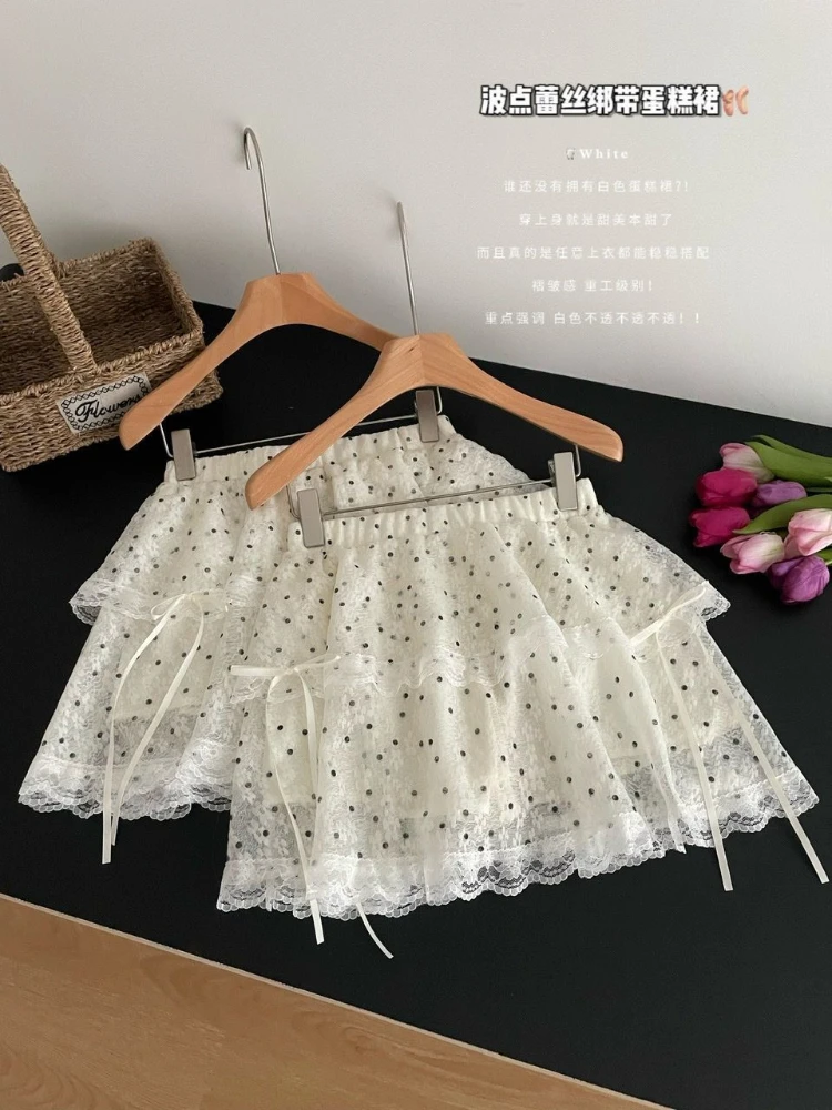 Renda emenda bolinhas bolo mini saia feminina 2025 verão cintura alta bandagem magro a linha y2k saias puro doce skort