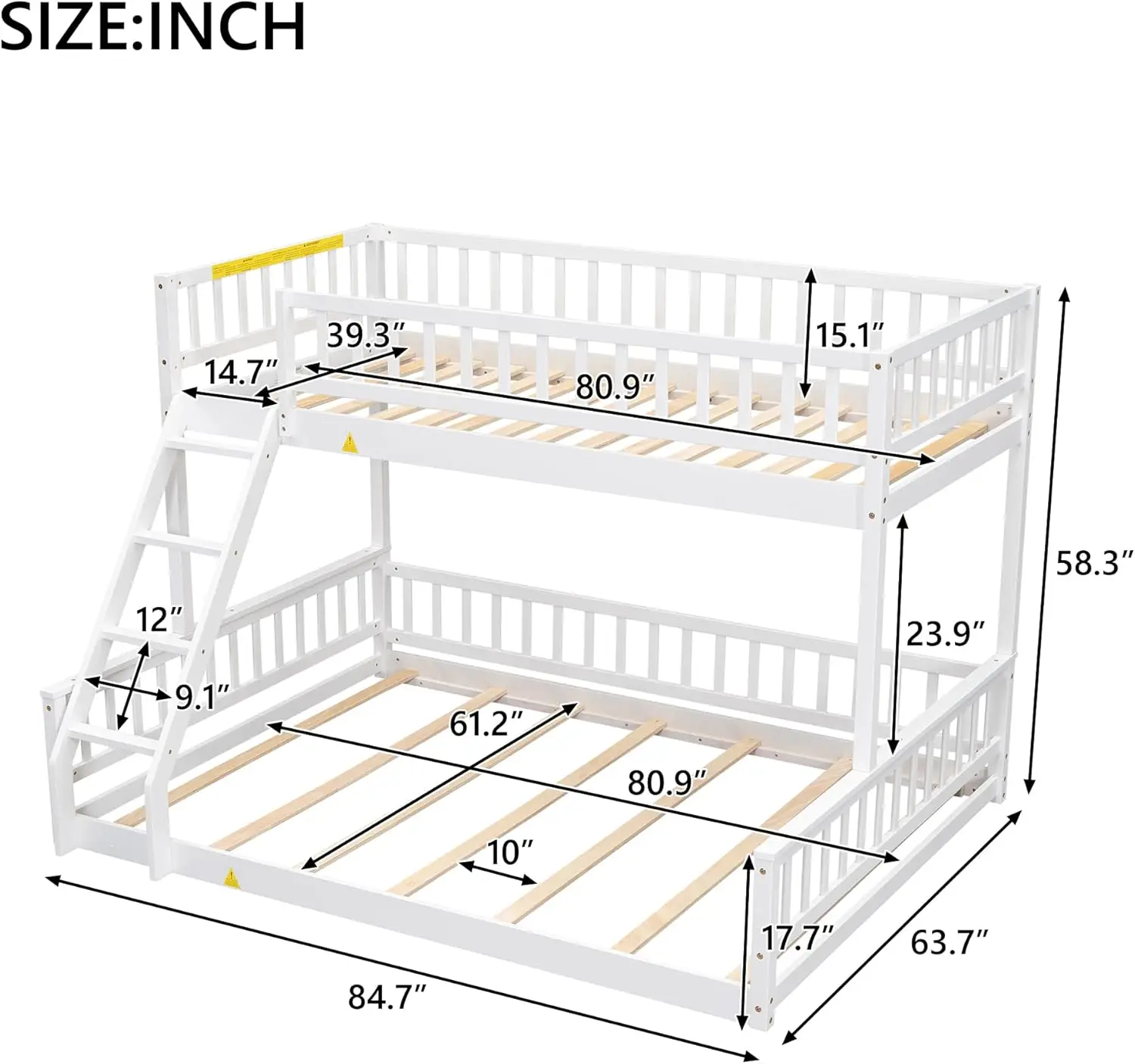 Wood Twin XL Over Queen Bunk Bed with Ladder and Guardrails,for Kids Teens Adults Bedroom Use (White-1)