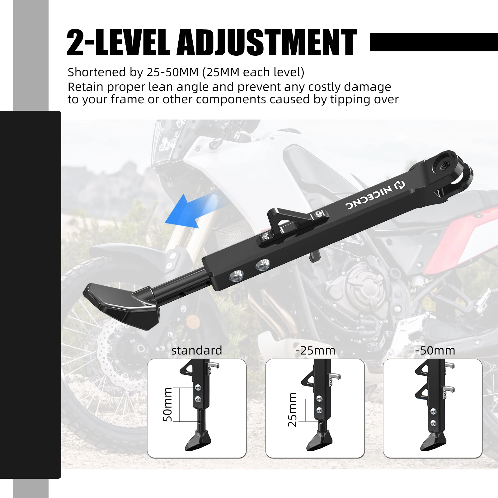 Für Yamaha Tenere 700 T700 2019-2024 Verstellbarer 25-50mm Seitenständer Parkständer 1,5 Zoll/38MM Tieferlegungsglied – Detail 2