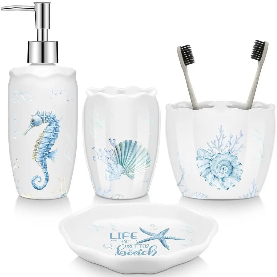

4 Pcs Beach Bathroom Accessories, Ocean Animals Bathroom Decor, Under The Sea Tumbler, Soap Dispenser, Toothbrush Holder, Starfi