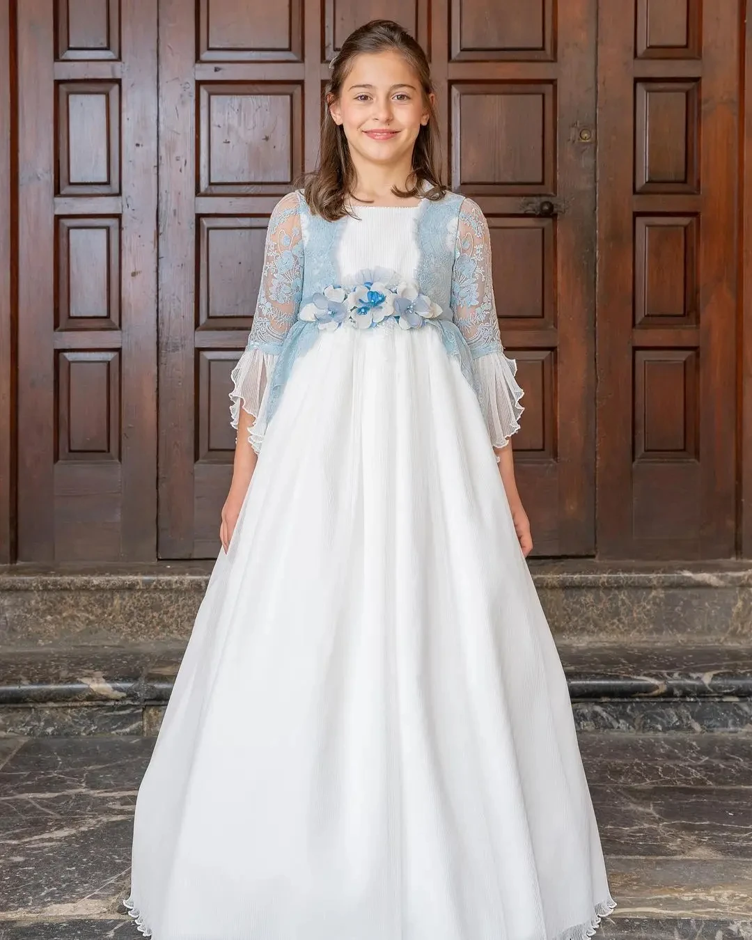 Vintage First Communion Dress Long Princess Flower Girl Dresses Half Sleeves Lace Tulle Wedding Party Birthday Dress for Girls