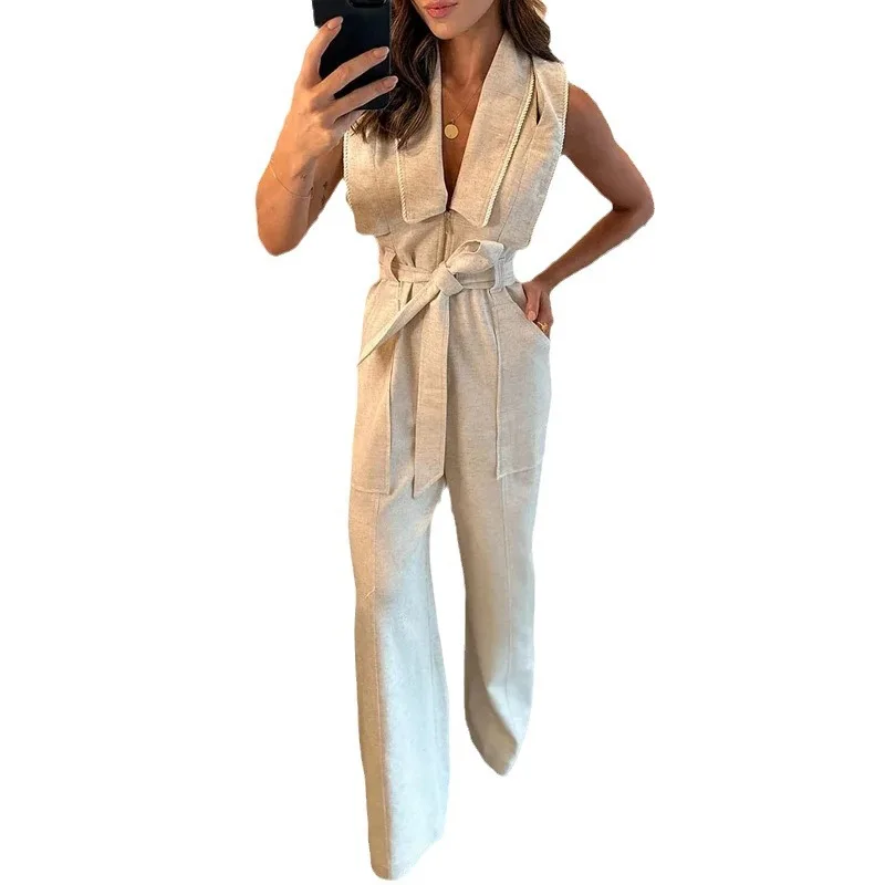 Women One Piece Jumpsuits Vest Sleeveless V Neck Zipper Splice Playsuits Midi Waist Lace Up Wide Leg Pants Pocket Loose Fit