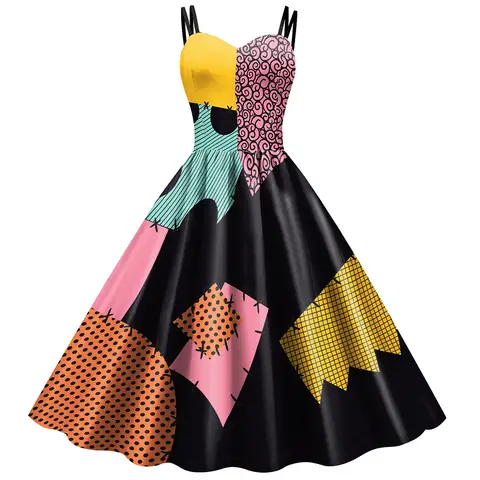 Women Sally Cosplay Dress Spaghetti Strap Sweetheart Neck Swing Dress Patchwork Print Retro 50s Halloween Fancy Party Costumes