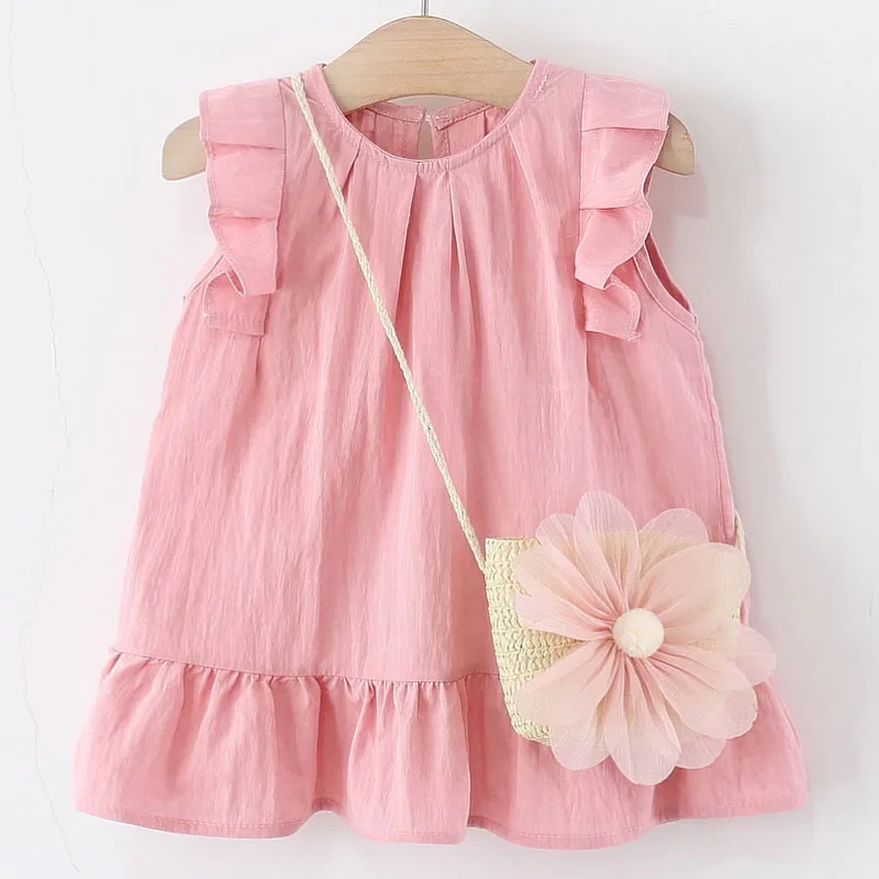 

2PCS Summer Dress Little Girl Clothes Korean Cartoon Cute Sleeveless Cotton Baby Dresses+Flowers Bag Boutique Kids Clothing B103