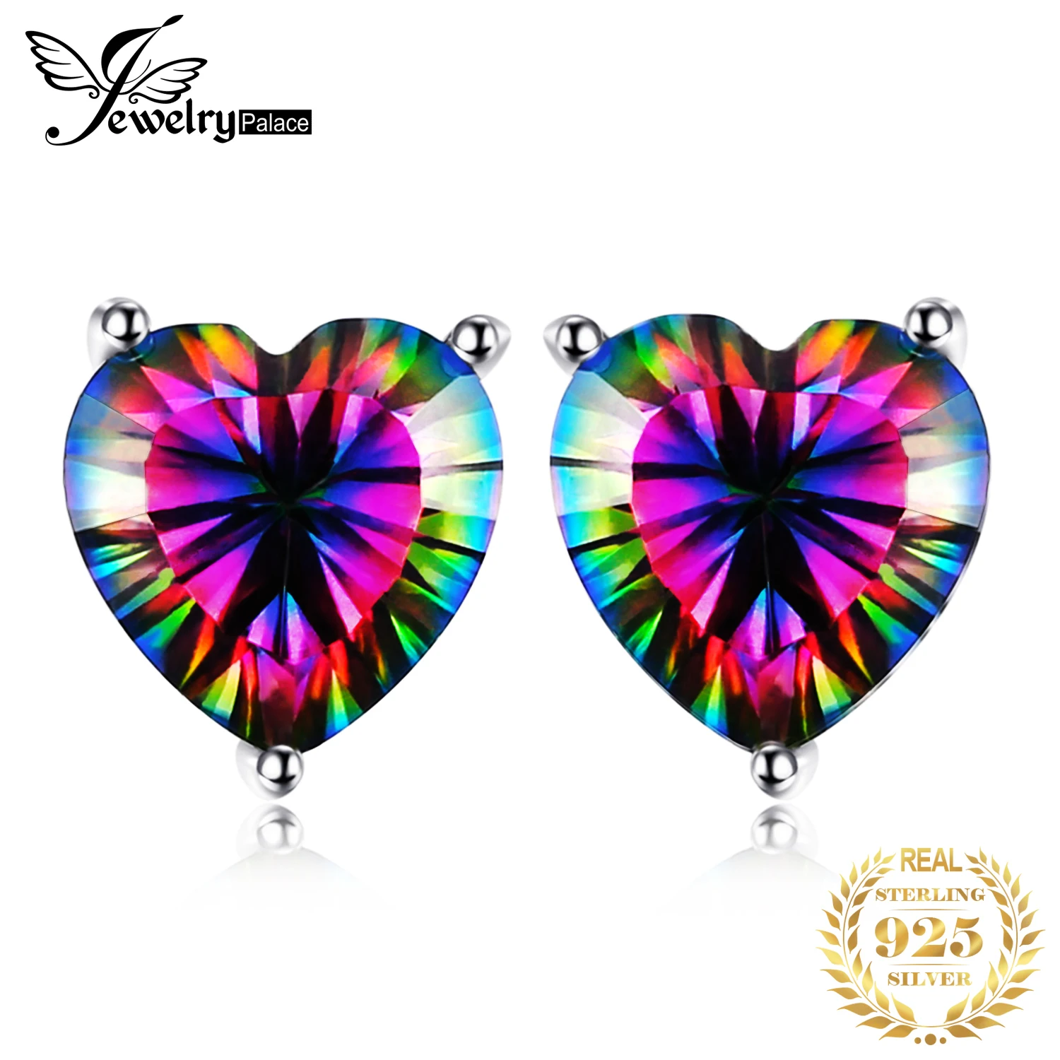 JewelryPalace Heart Natural Rainbow Fire Mystic Quartz 925 Sterling Silver Stud Earrings for Women Colorful Gemstone Jewelry