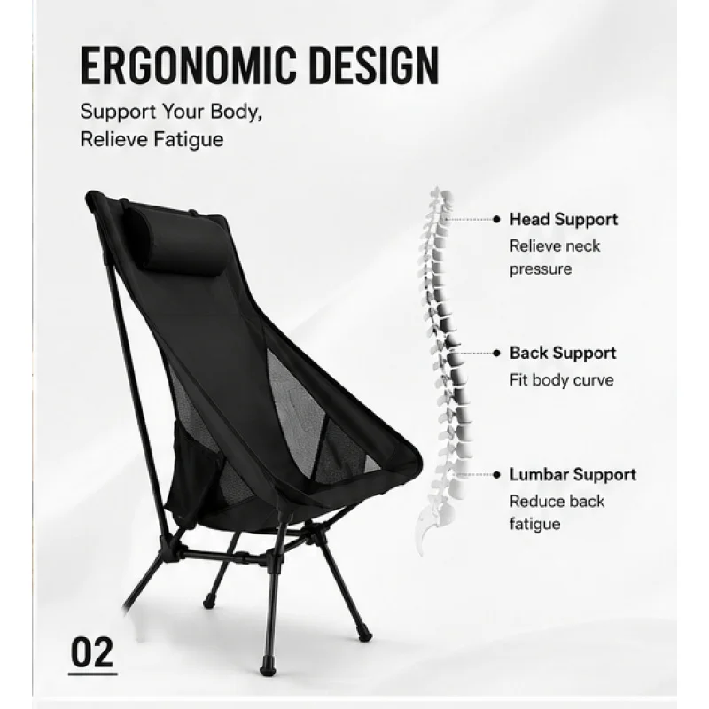 Folding Portable Camping Lounge Chair with Headrest, Durable Aluminum Frame Lightweight Seat for Fishing Picnic Outdoor Trip - view 4