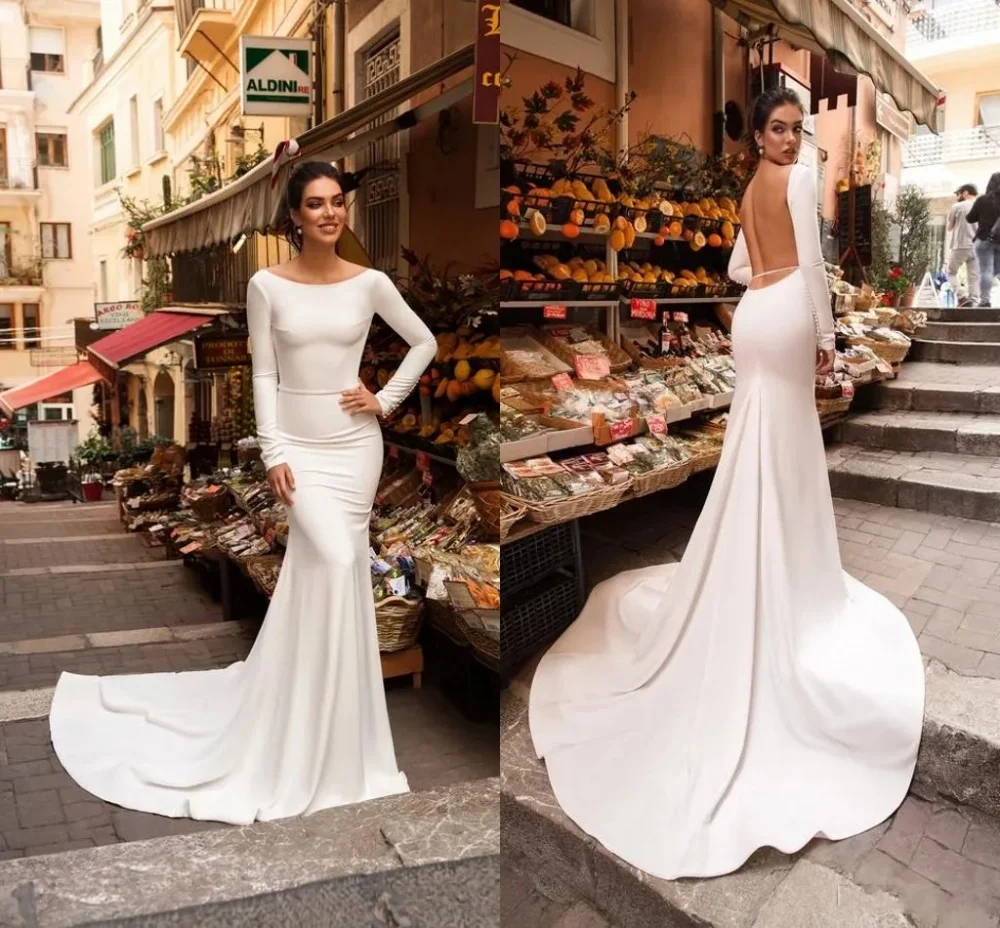 

Sexy Backless Mermaid Wedding Dresses Scoop Neck Long Sleeves Plain Satin Bridal Gown Court Train Vestidos Feminino Formal Dress