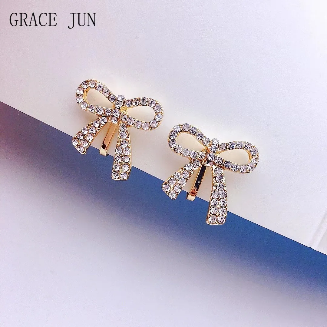 GRACE JUN New Gold Color Rhinestone Bow-knot Shape Clip on Earrings No Pierced Cuff Earrings Neend\'t Ear Hole Earrings Ear Clip