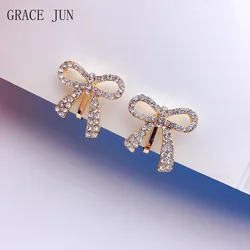 GRACE JUN New Gold Color Rhinestone Bow-knot Shape Clip on Earrings No Pierced Cuff Earrings Neend't Ear Hole Earrings Ear Clip