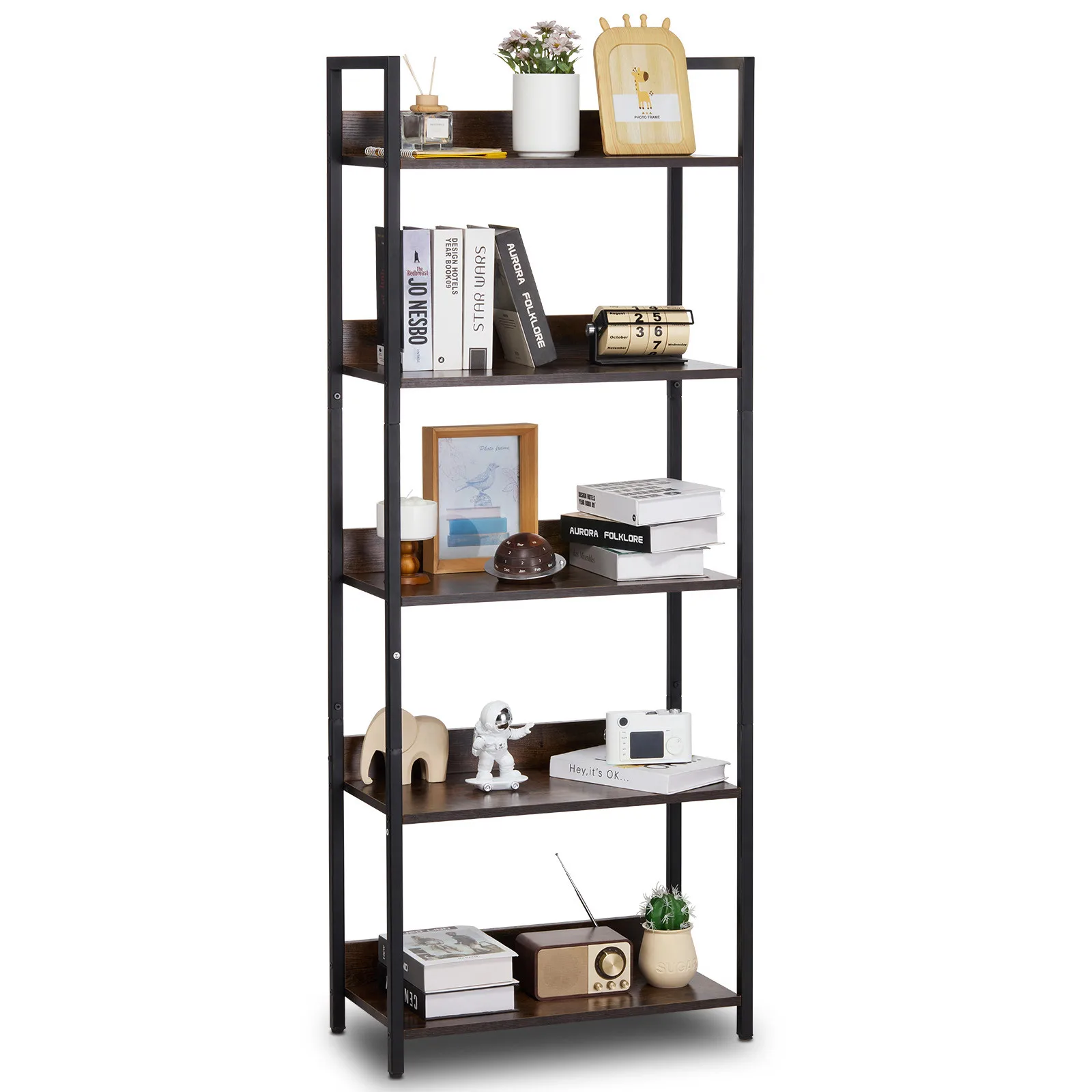 

5 Tier Metal Bookshelf Industrial Storage Rack Shelving Unit for Living Room Bedroom Office Organizer Space Saving Display