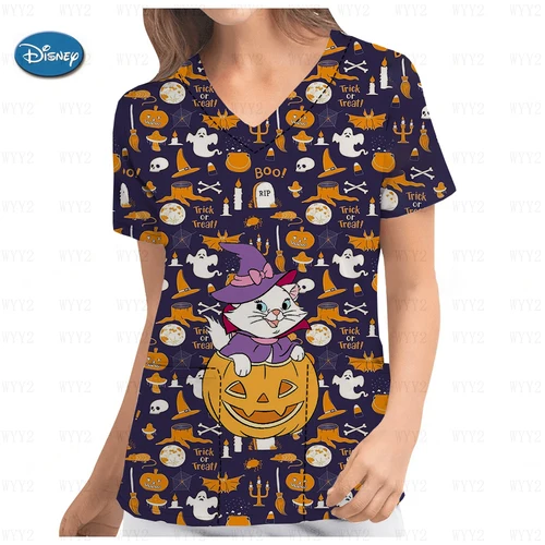 Imagen 1 del producto Disney-uniforme de trabajo con estampado de Stitch para mujer, camisa de manga corta con cuello, ropa de enfermería, uniforme esmerilado, Top de enfermera, Halloween