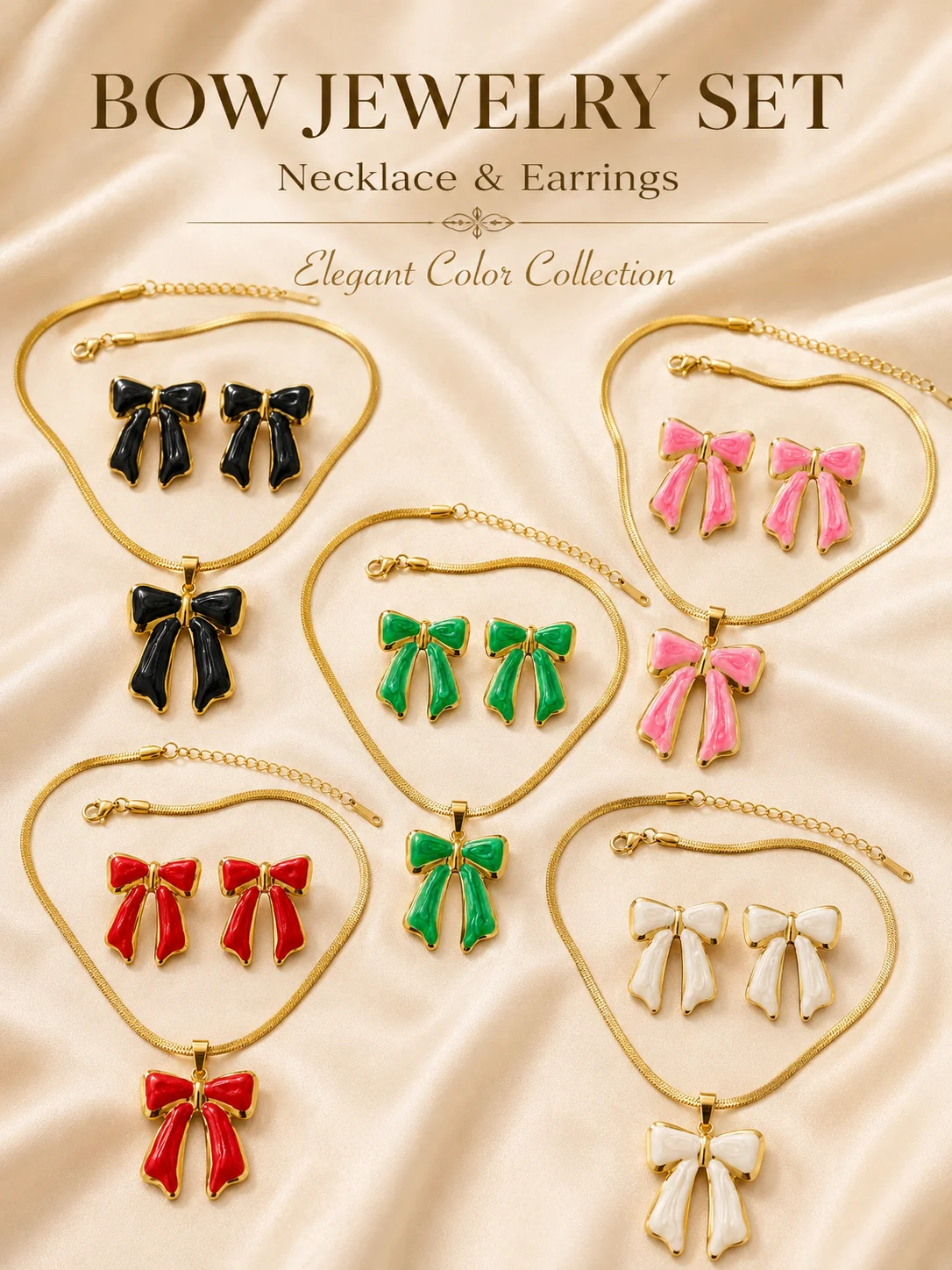 Ribbon Bow Gift - Bow Necklace Earrings Set, Gold Tone
