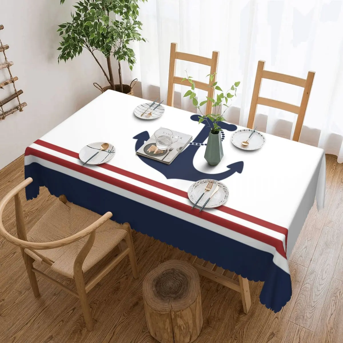 Rectangular Fitted Nautical Navy Blue Anchor With Stripes Table Cloth Waterproof Tablecloth Outdoor 40