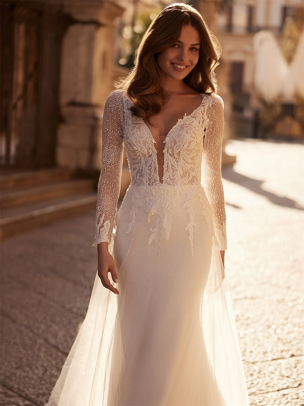 فستان زفاف أورجانزا ناعم عاجي مخصص رسمي على شكل قلب وأكمام طويلة زي العرائس ناعم على شكل حرف a ذيل محكمة فيستدو دي نوفيا #1