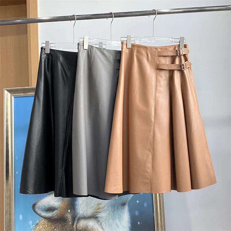 2023 Genuine Leather Skirt, Autumn and Winter New Street Motorcycle Style, Pleated and Slimming A-line Sheepskin Skirt Long Dres