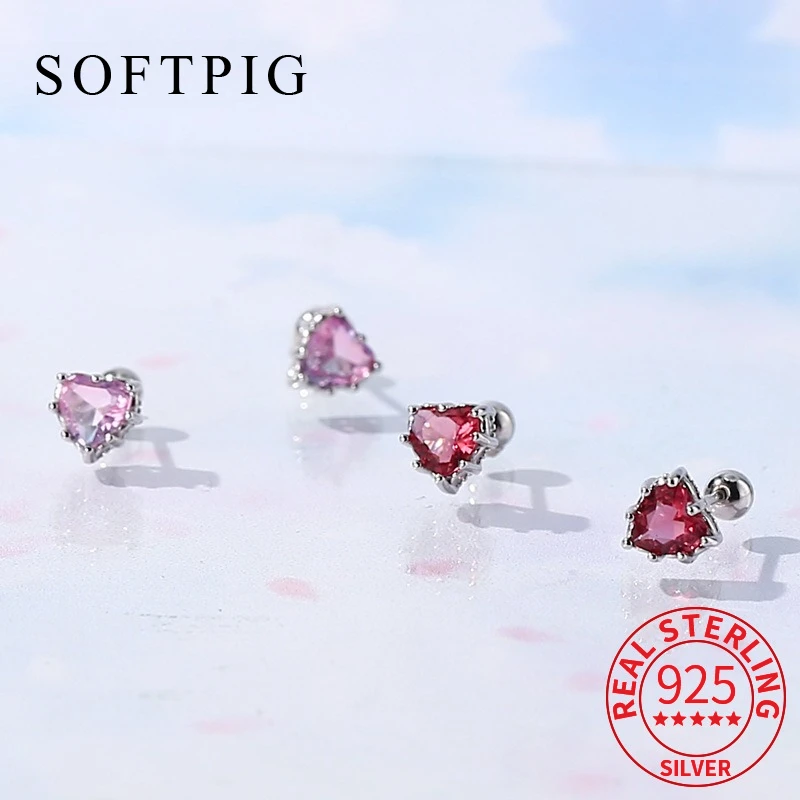 

SOFTPIG Real 925 Sterling Silver Piercing Screw Bead Heart Zircon Mini Stud Earrings for Women Fine Jewelry Colorful Accessories