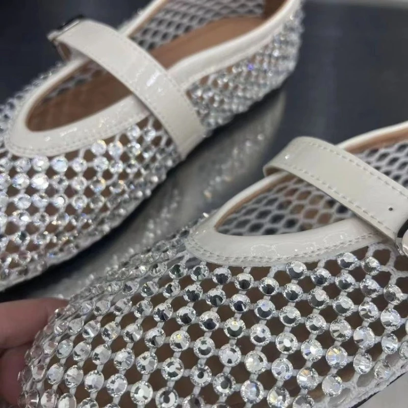 Women Sandals 2024 Summer New Crystal Mesh Women Ballet Flats Buckle Strap Mary Janes Sandals Fashion Beach Shoes Zapatos Mujer
