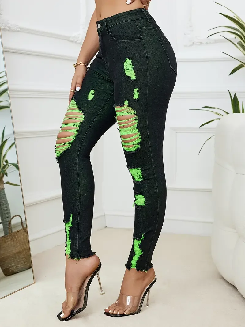 2024 Summer New Women\'s Ripped Jeans Fashionable High Stretch Skinny Denim Pencil Pants Slim Comfortable Knit Jeans S-2XL