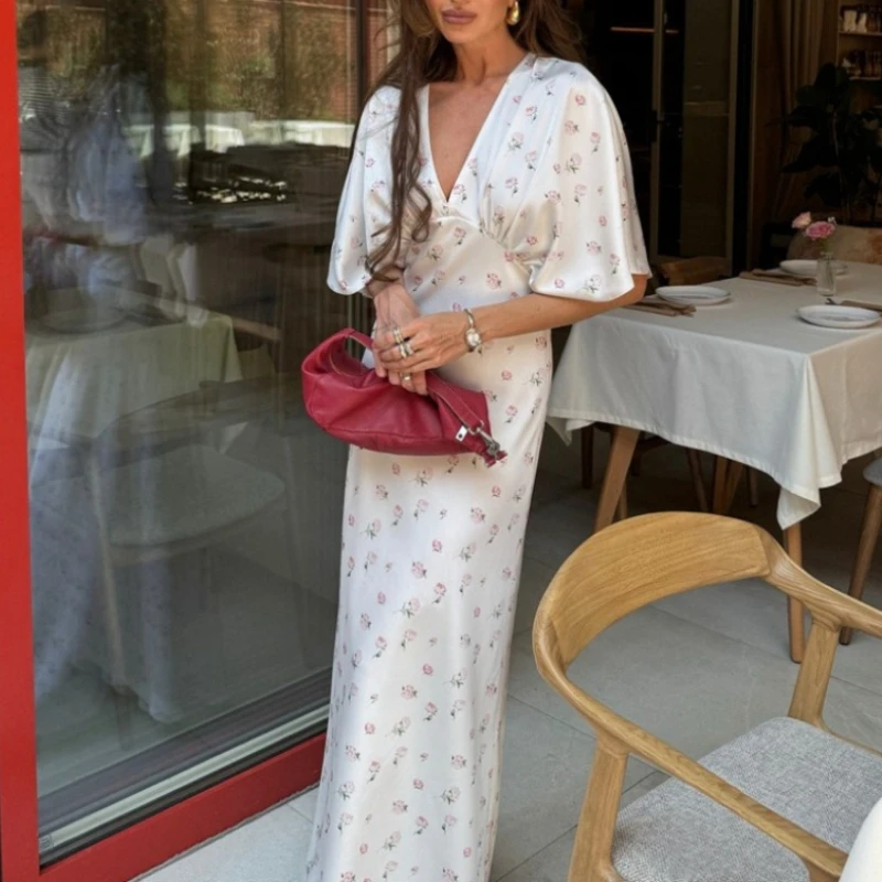 

TARUXY Elegant Stylish Printed Dress Women's V-Neck Short Sleeve High Waisted Bodycon Long Dress Spring Summer New Casual Dress