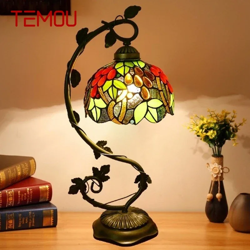 

TEMOU Tiffany Table Lamp American Retro Living Room Bedroom Lamp Luxurious Villa Hotel Stained Glass Desk Lamp