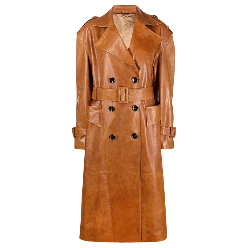 Women’s Leather Trench Coat Double-Breasted Trendy 2025 New Style Loose Fit Sheepskin Jacket windbreaker