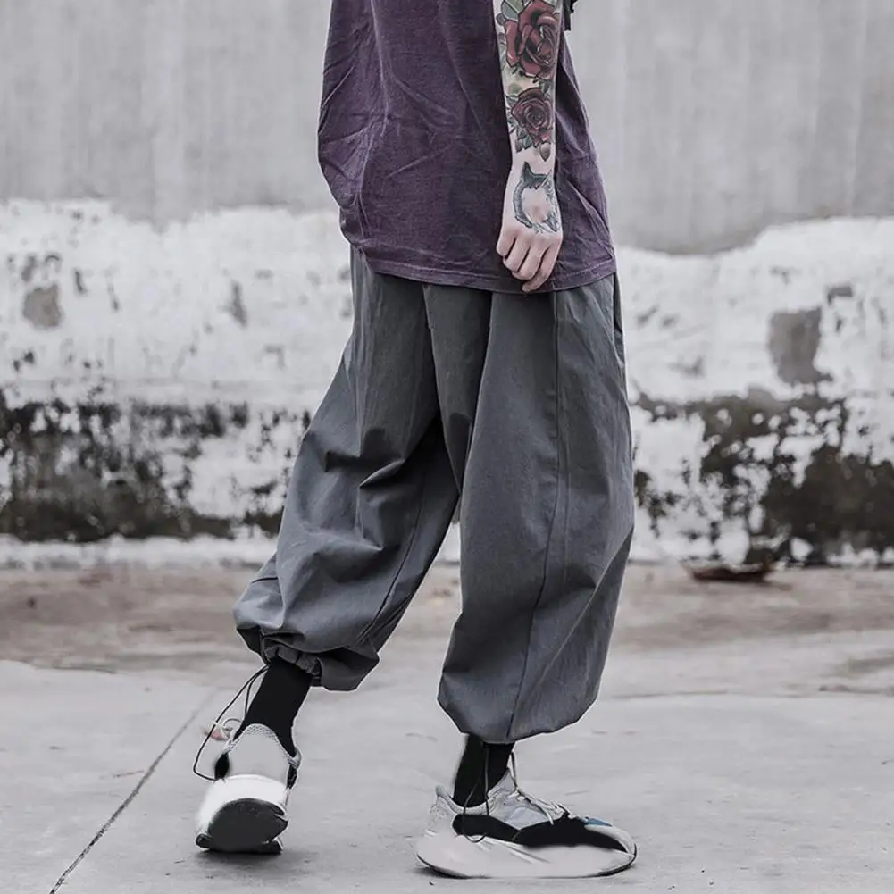 Men Bloomers Japanses Style Black Drawstring Harem Pants Loose Fit Wide Leg Pants Hip Hop Elastic Waist Ankle-banded Baggy Pants