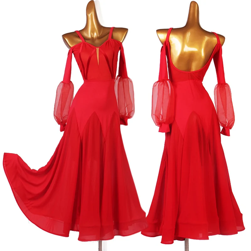 فستان رقص نسائي قياسي بدون أكتاف ملابس رقص قاعة الرقص أداء الفالس فساتين طويلة للسيدات أسود أحمر أزرق 4477