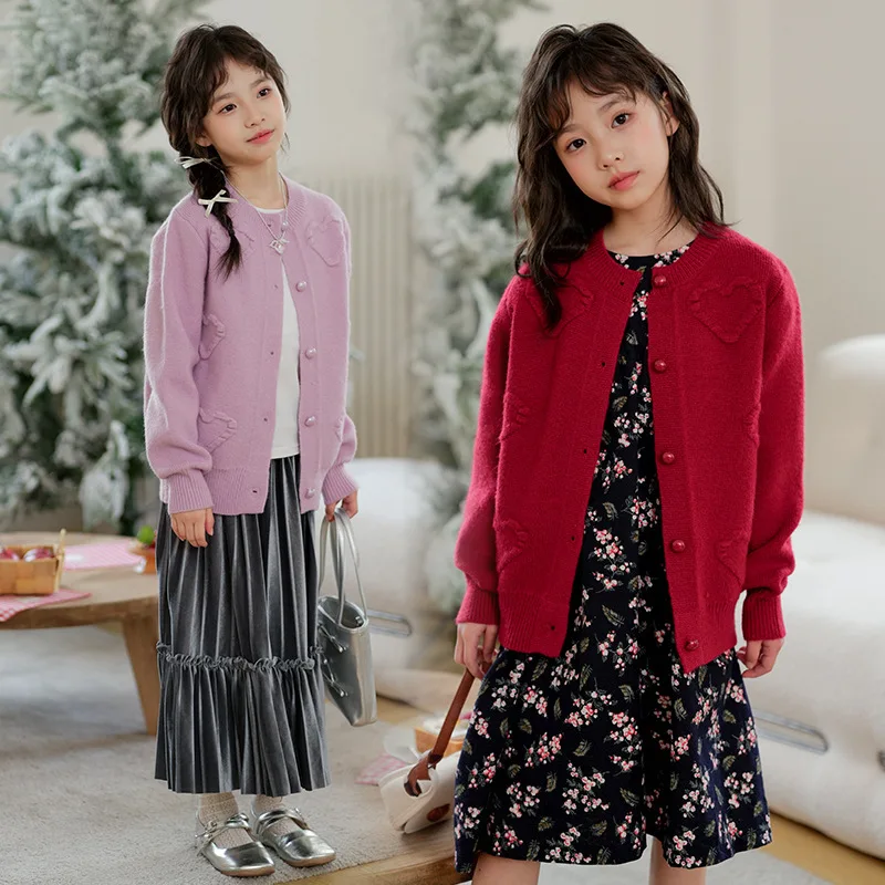 Autumn Winter Children Girl 2PCS Clothes Set School Girl Pure Color Knitted Cardigan+Floral Long Sleeve Dress Set For Girls