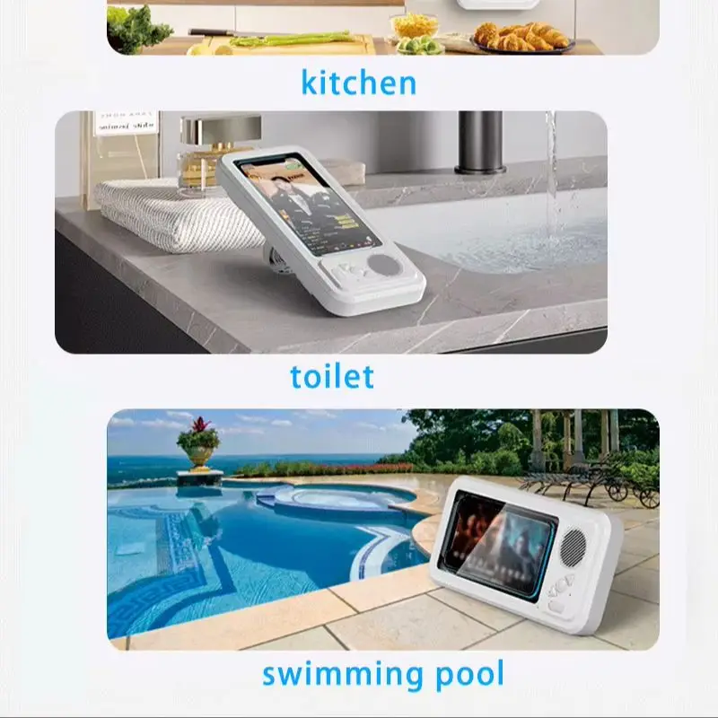 

Bathroom Waterproof Phone Holder Box Wall Mount Phone Case Stand Rotation Self-adhesive Touch Screen with Speaker Storage Case