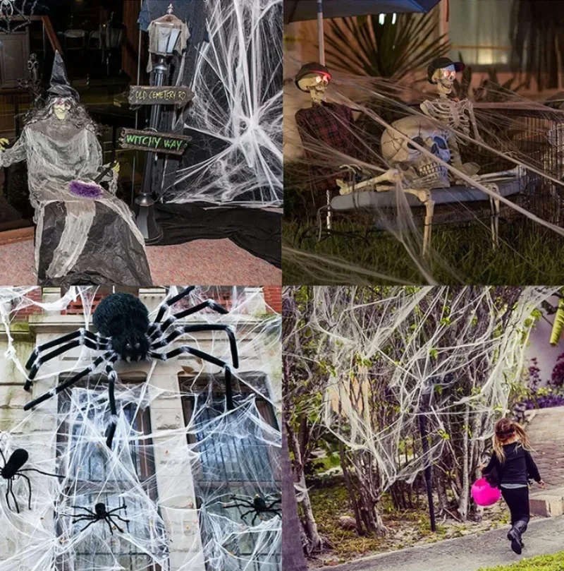 Künstliches Spinnennetz Halloween-Deko Buntes Baumwoll-Stretch-Spinnennetz mit Fake-Spinnen Gruselige Party-Dekoration Horrorhaus-Requisiten – Detail 14
