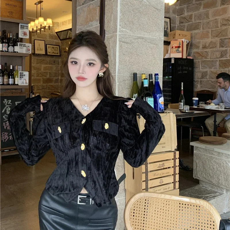 2024 Autumn and Winter New Women Top Bubble Sleeves V-Neck Gold Velvet Top Elegant Slim Versatile Y2k Top Female