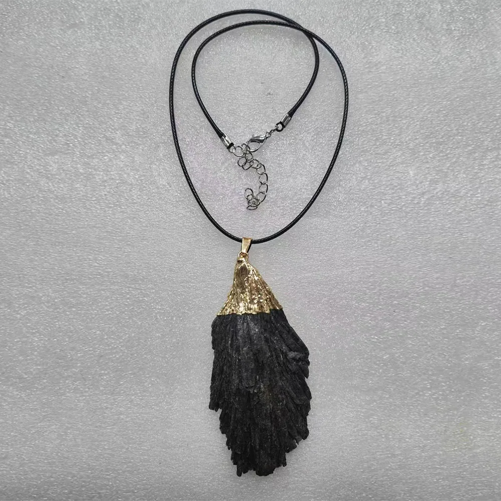 Natural Black Tourmaline Feather Shape Raw Stone Pendant with Gold Cap Wrapped Irregular Mineral Specimen