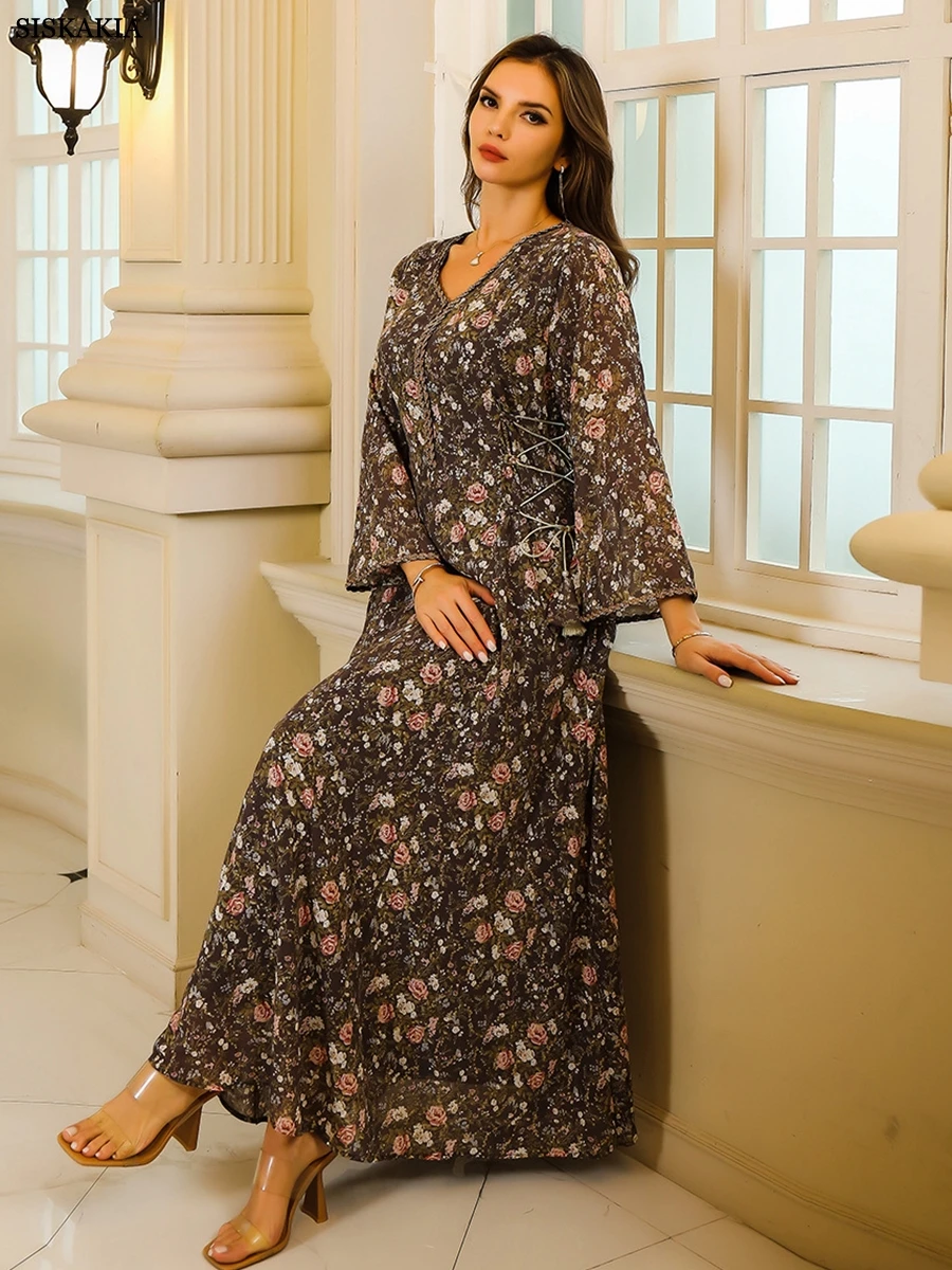 Siskakia Embroidery Floral Print With Drawstring Long Dress Muslim Dubai Turkey Arab Elegant Abaya For Femme With Diamonds 2024