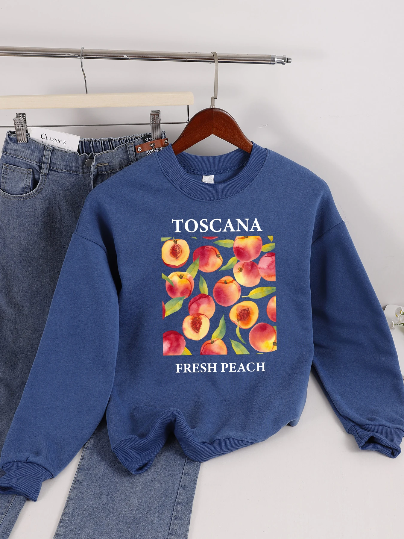 

Тоскана, пуловер со свежими персиковыми фруктами, женский удобный свитшот, уличная свободная одежда, флисовый спортивный костюм с круглым вырезом