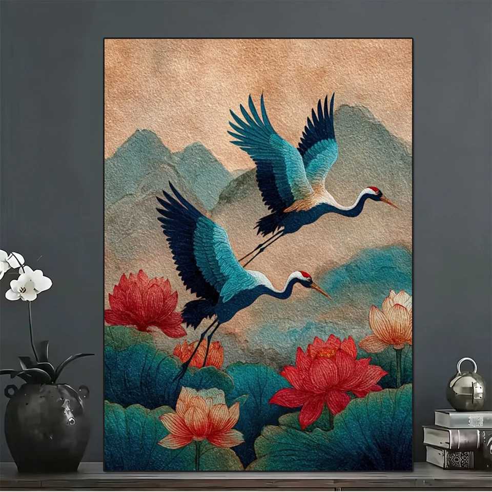 DIY 5D Full Diamond Painting Chinese Style Red-crowned Cranes Lotus  Mountain Landscape Diamond Embroidery Mosaic Art Home Decor