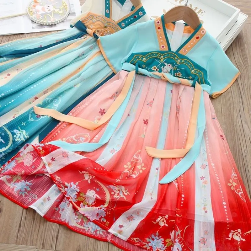 Hanfu Teenage Girls Dress Summer New Chinese Jade Rabbit Embroidery Chiffon Girls Hanfu Dress Children\'s Baby Vintage Dress