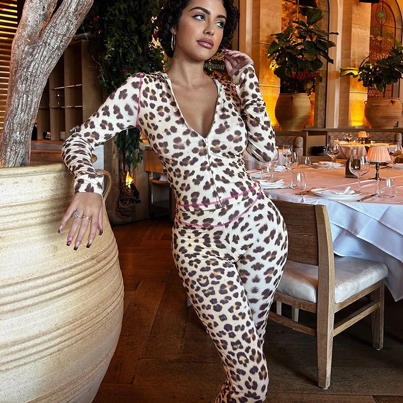 

European and American style summer new fashion hooded cardigan top, leopard print high-waisted tight trousers set for women