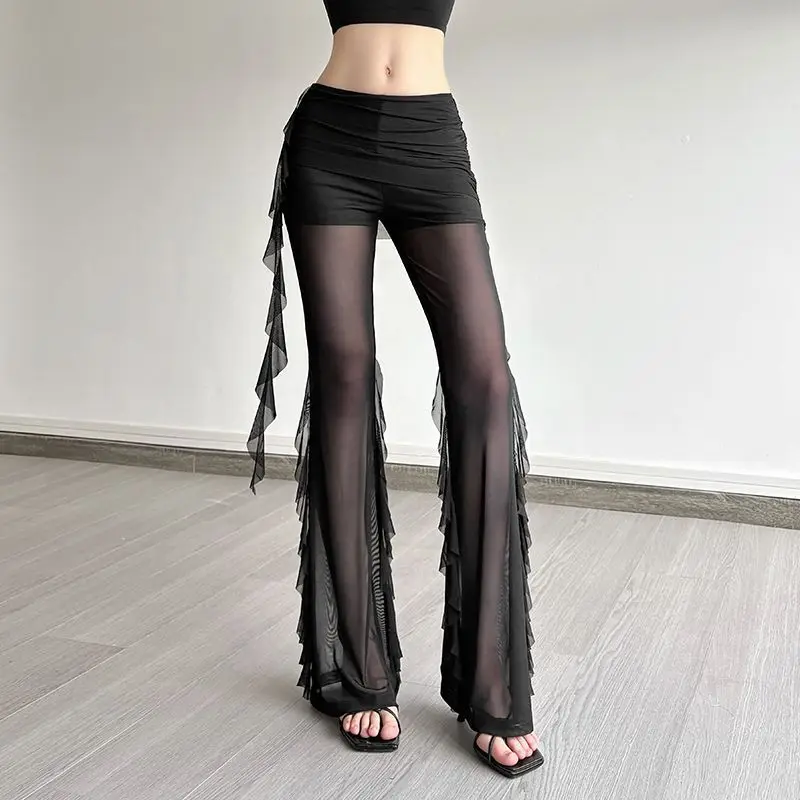 Perspective Mesh Splicing Trousers Women's Design Sense Pleated Casual Fashionable Casual Trousers