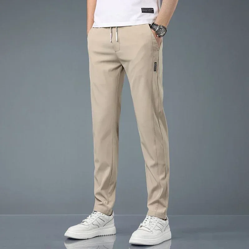

Thin Elastic Waist Korean Casual Slim Jogger Summer Cotton Blend Ankle Length Pants Men Classic Khaki Trousers Male Plus Size 38