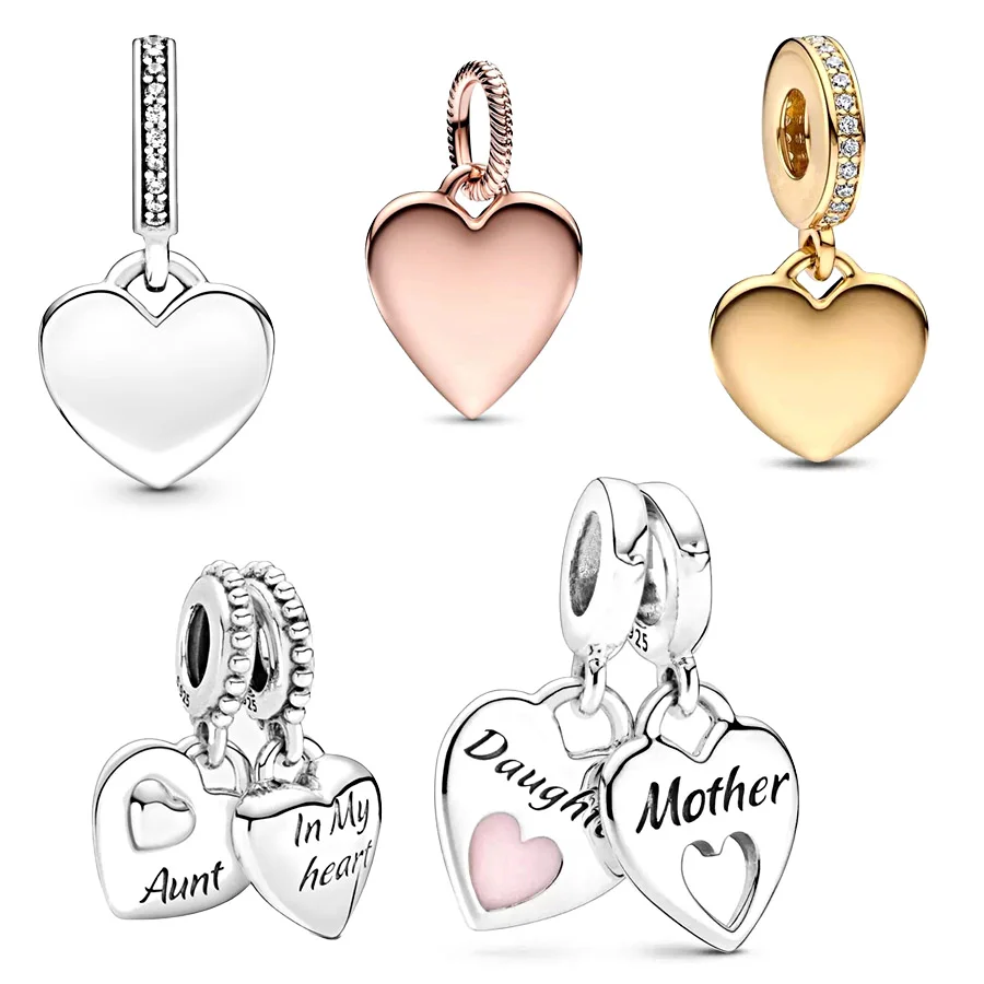 NEW Gold Plated Engravable Heart Tag & Double Heart Split Dangle Charm Bead Fit Original Silver 925 Women Bracelet DIY Jewelry