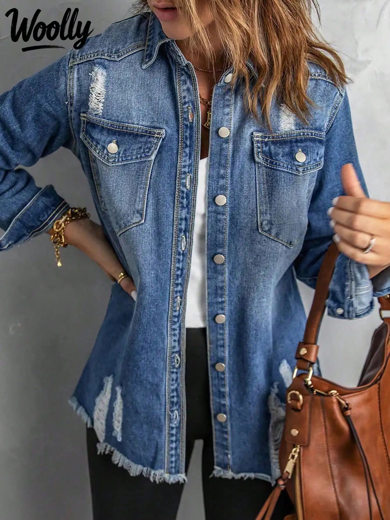 

Women's Distressed Fringe Denim Jacket with Chest Pockets and Button Front