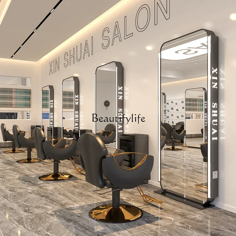06For Hair Salon High-End Hair Salon Dressing Table Full Body Double-Sided Floor Mirror with Lamp