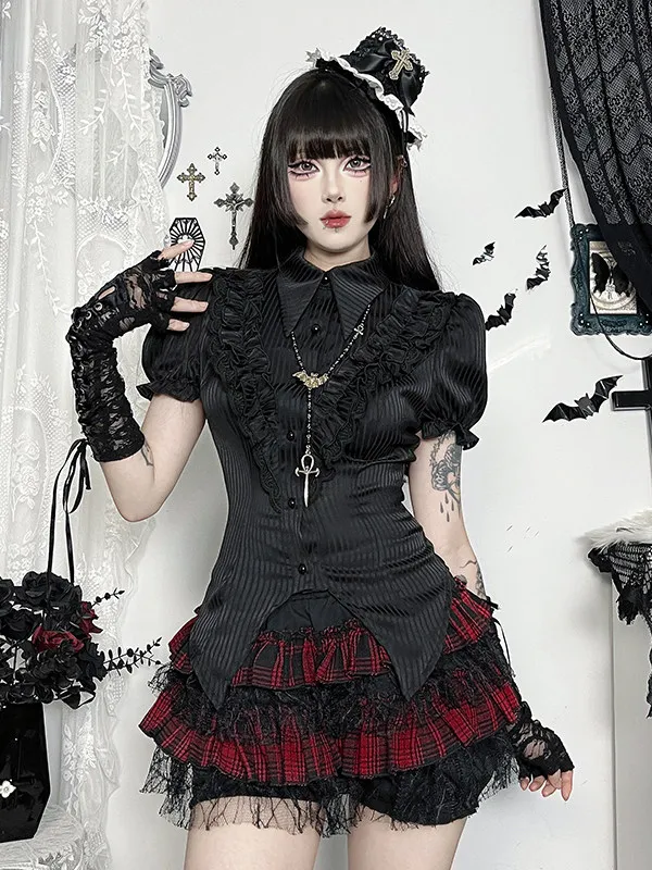 Gothic Black Red Plaid Lolita Skirt Set Punk Gothic Lolita Outfit Short-sleeved Top Subculture Spice Girl Wear Suit Puff Skirt